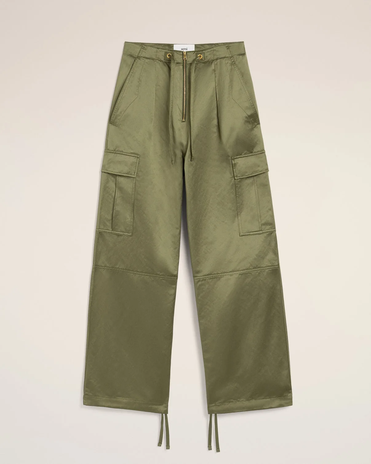 Green Cotton Satin Zipped Cargo Pants