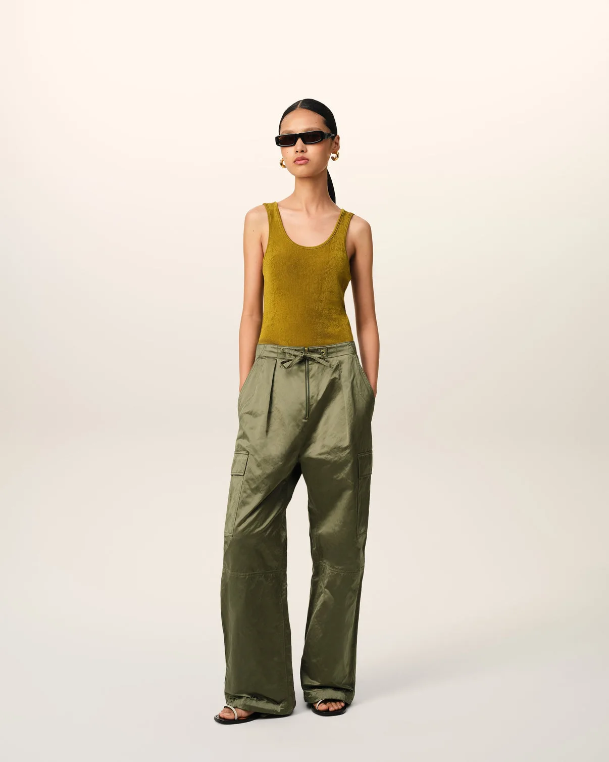 Green Cotton Satin Zipped Cargo Pants