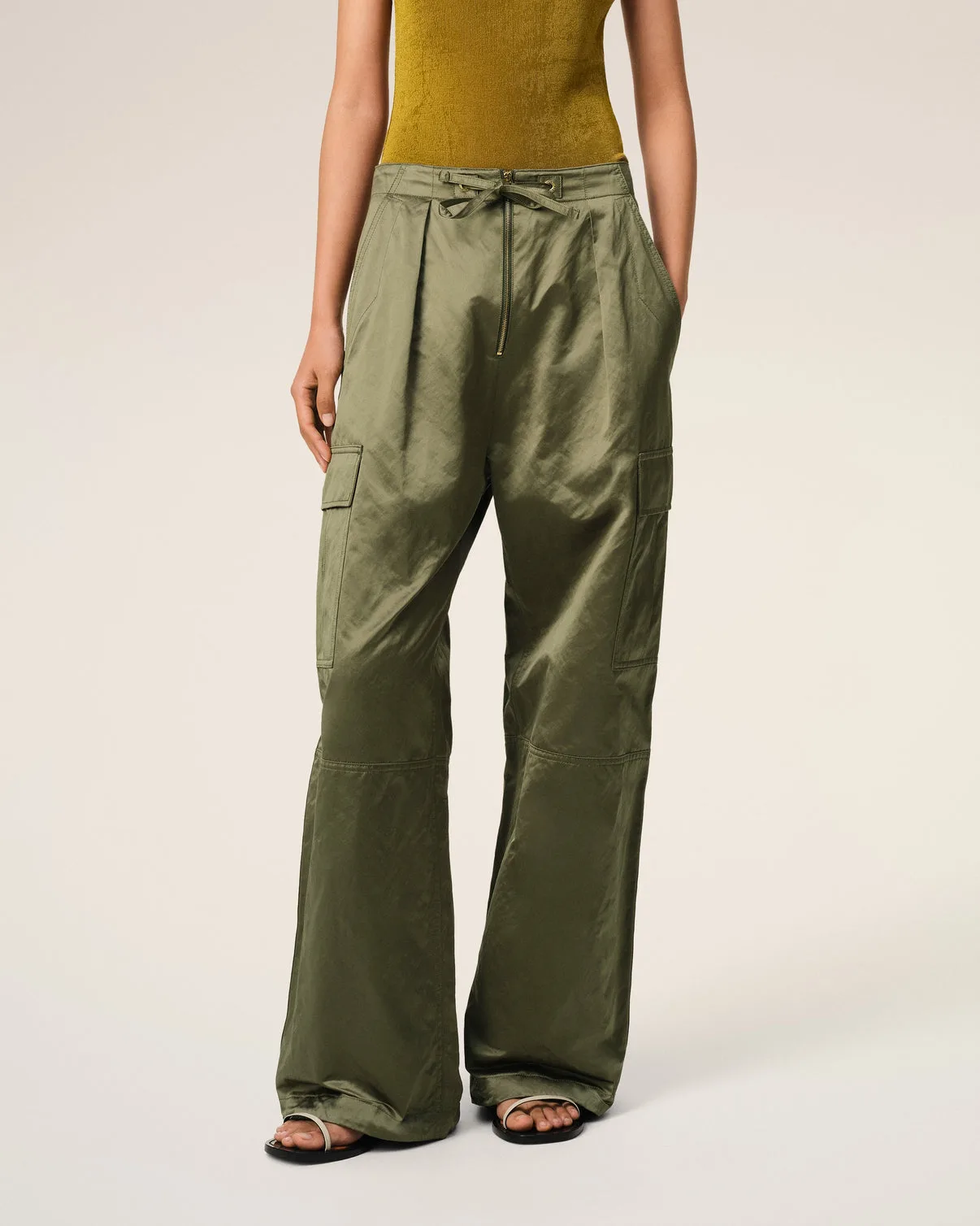 Green Cotton Satin Zipped Cargo Pants