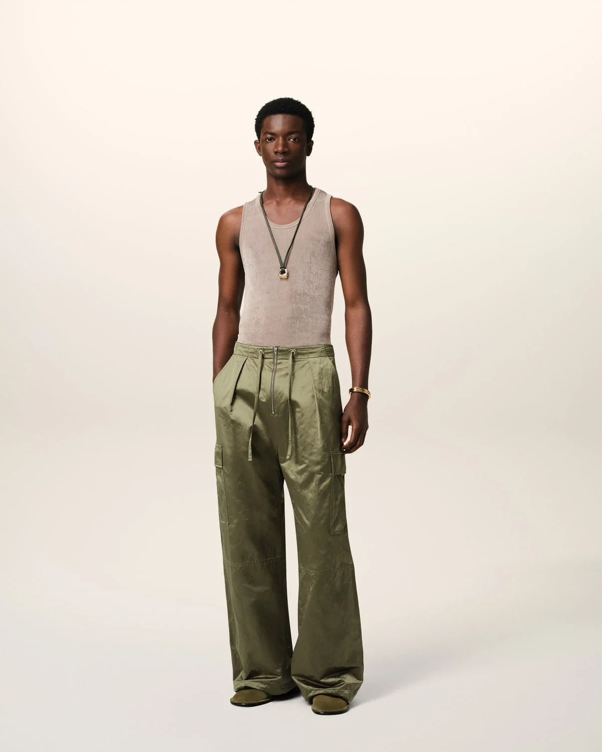 Green Cotton Satin Zipped Cargo Pants