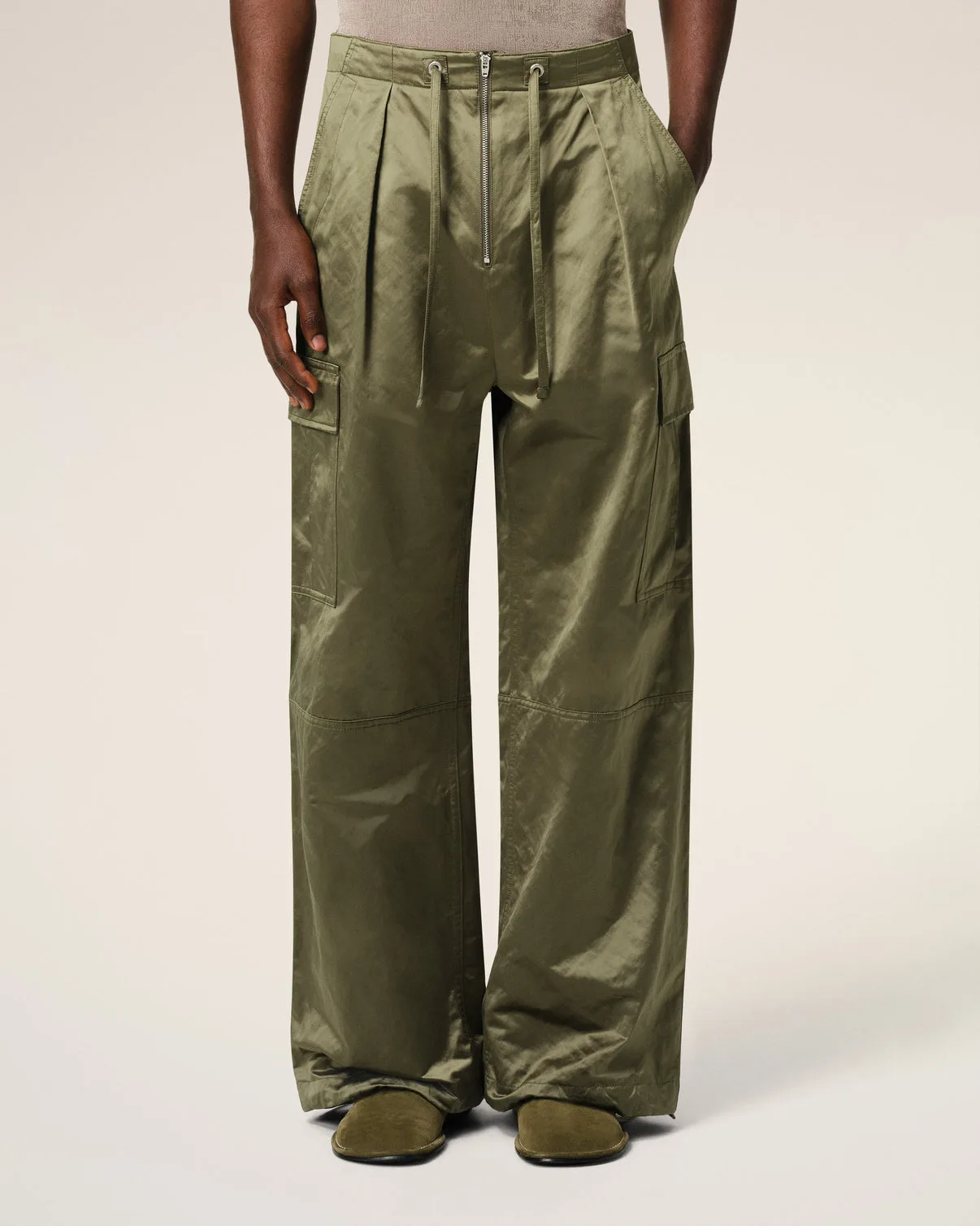 Green Cotton Satin Zipped Cargo Pants