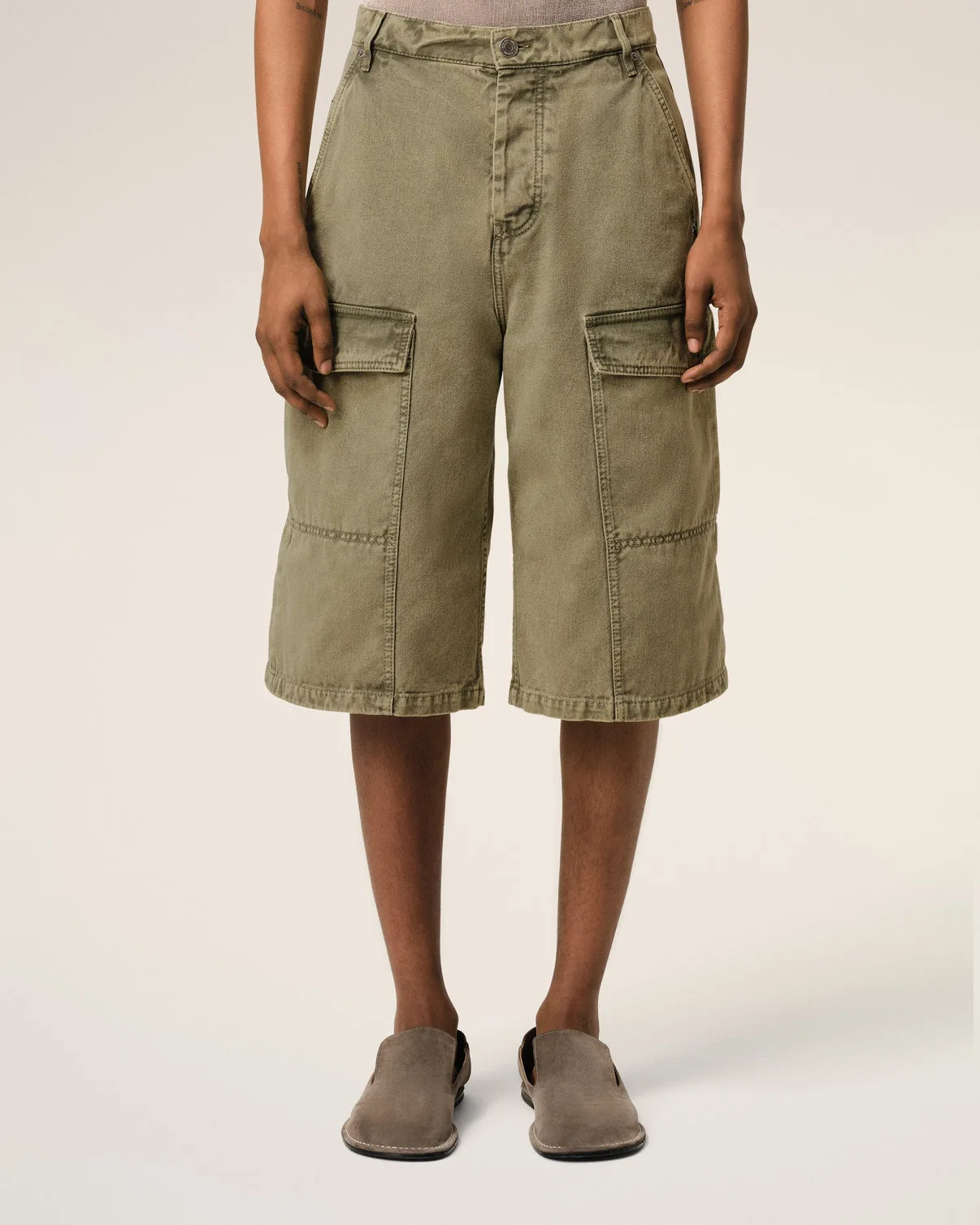 Green Cotton Wide Fit Cargo Bermuda Short