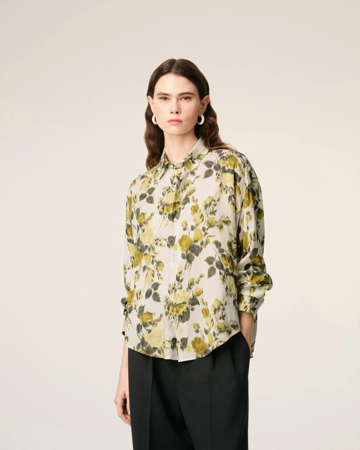 Green Flower Printed Boxy Shirt