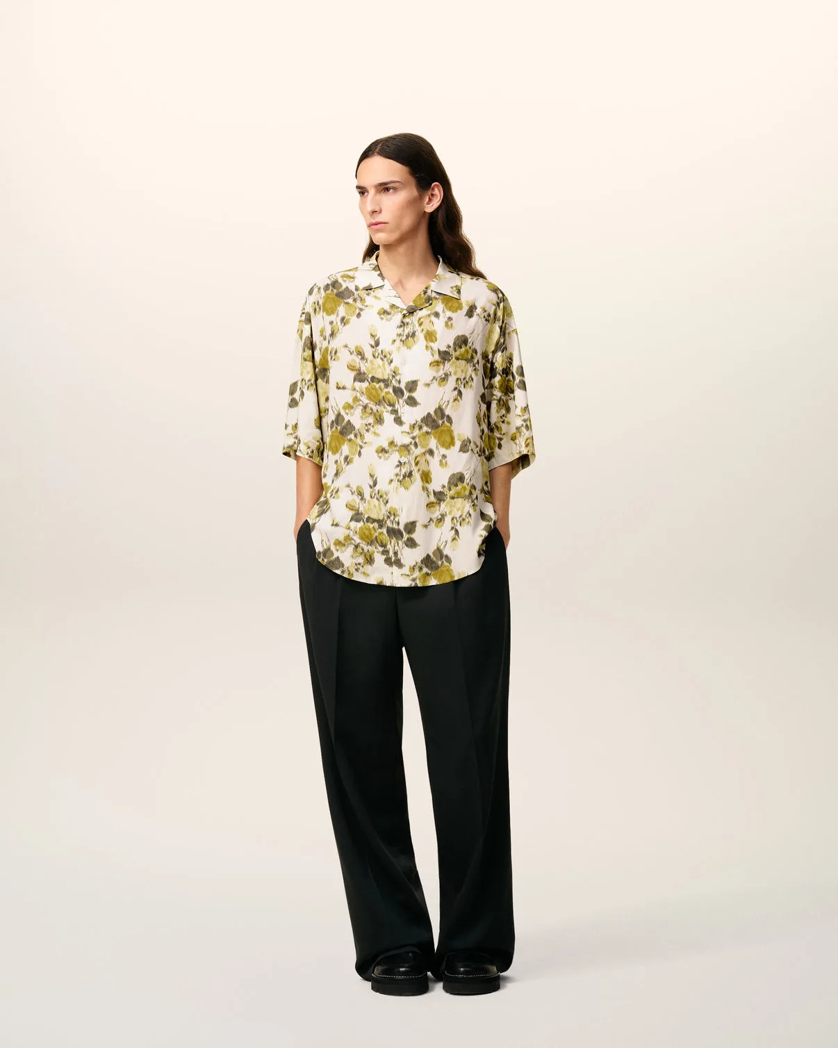 Green Flower Printed Short Sleeved Camp Shirt