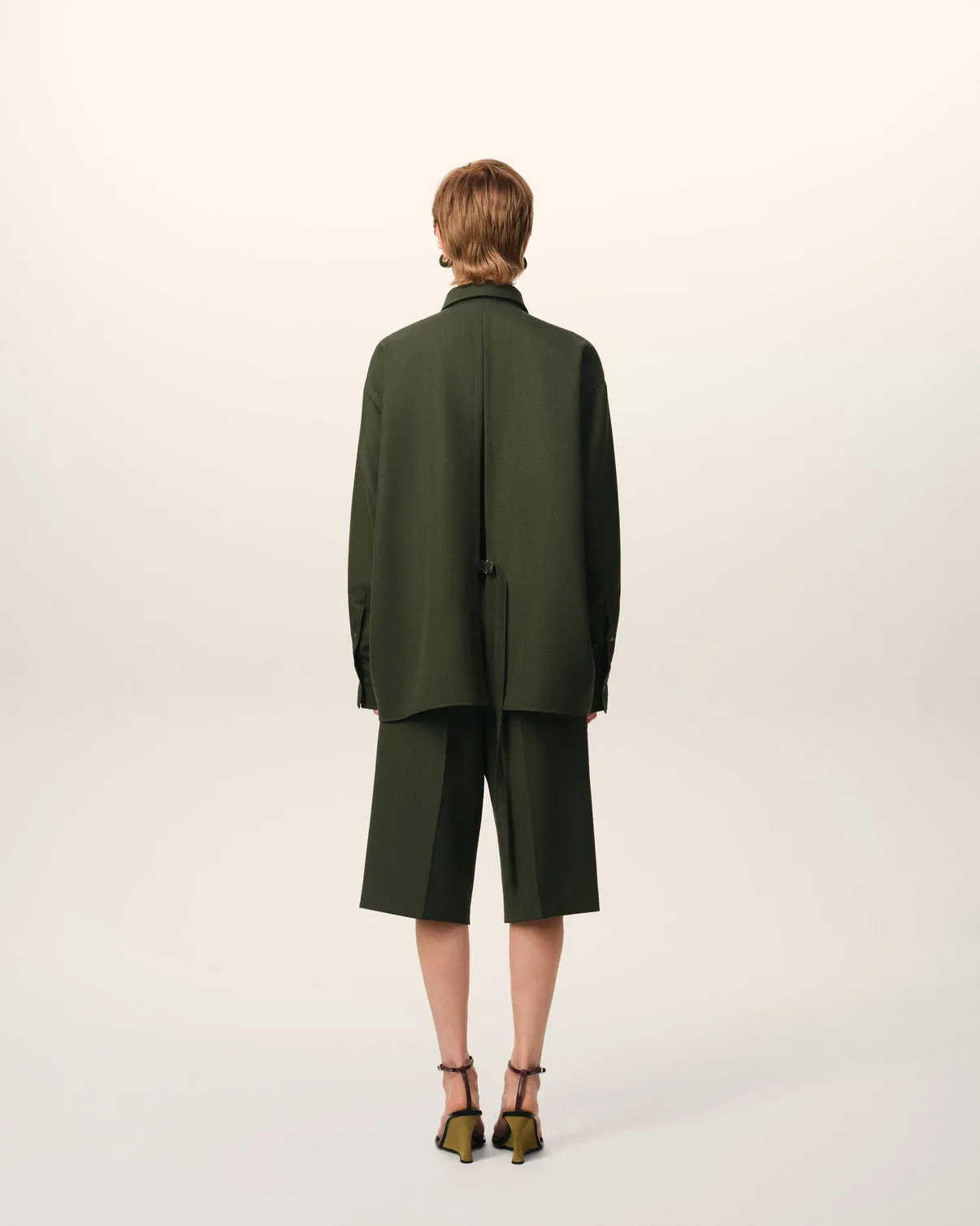 Green Wool Back Slit Loose Shirt