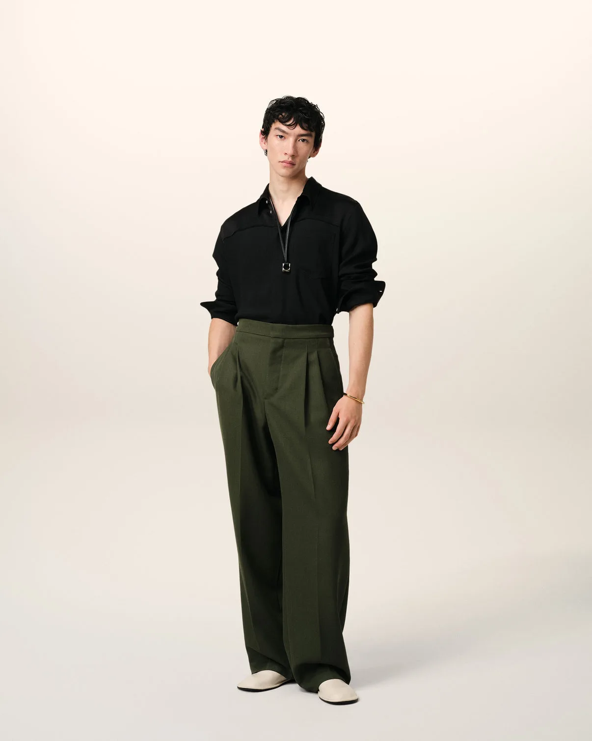 Green Wool Large Fit Pants