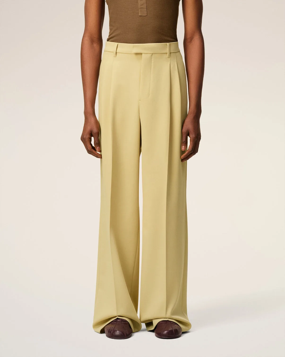 Green Wool Low Waist Wide Pants