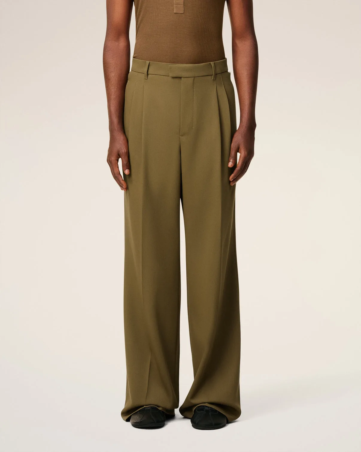 Green Wool Low Waist Wide Pants