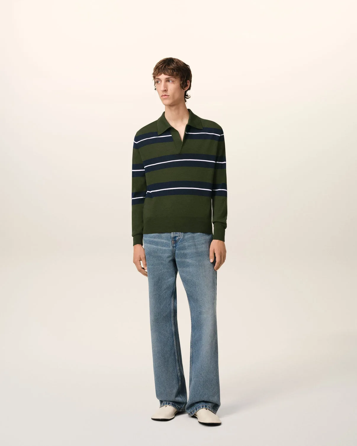 Green Wool Silk Tonal Striped Polo