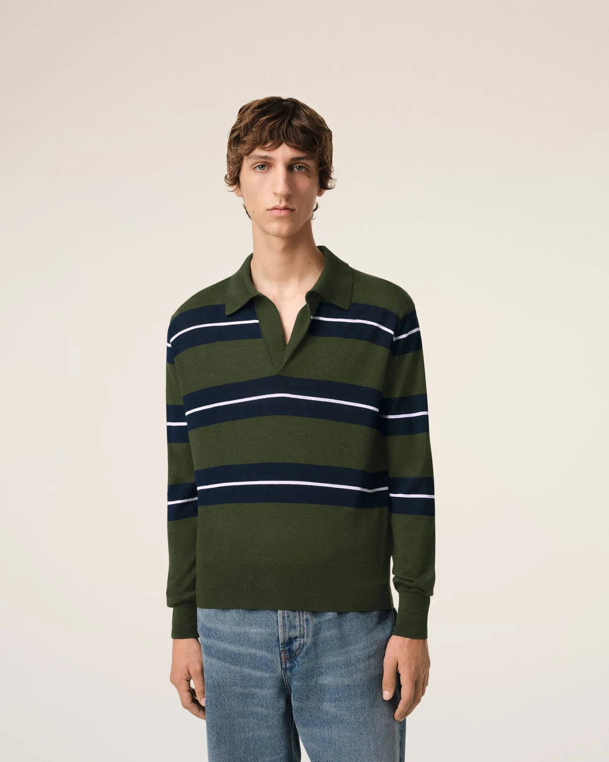 Green Wool Silk Tonal Striped Polo