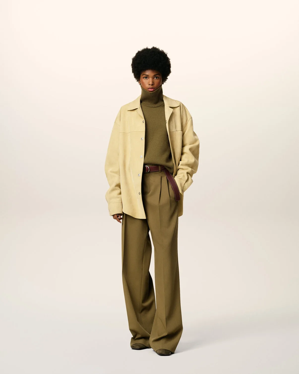 Green Wool Tabs Wide Pants
