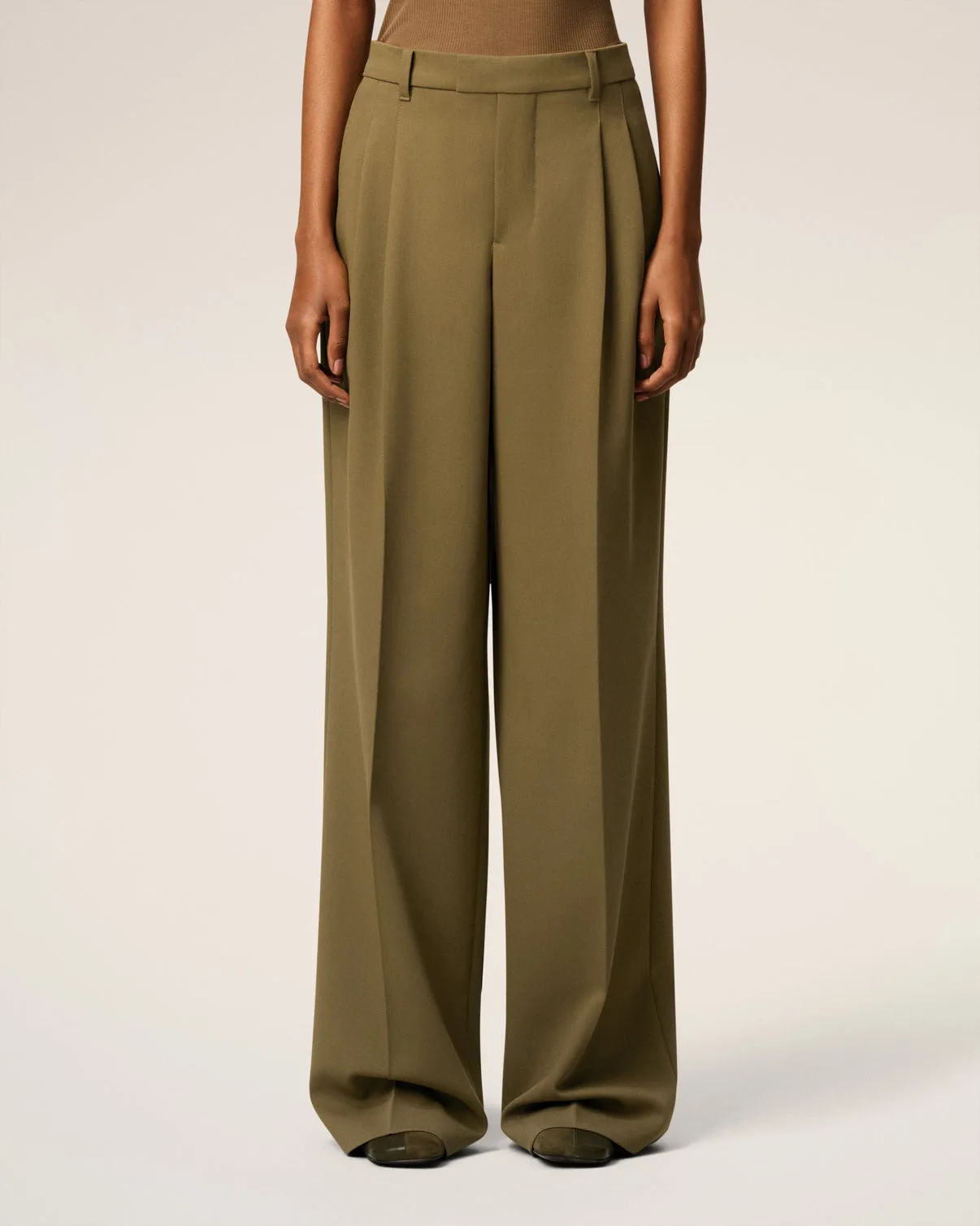 Green Wool Tabs Wide Pants