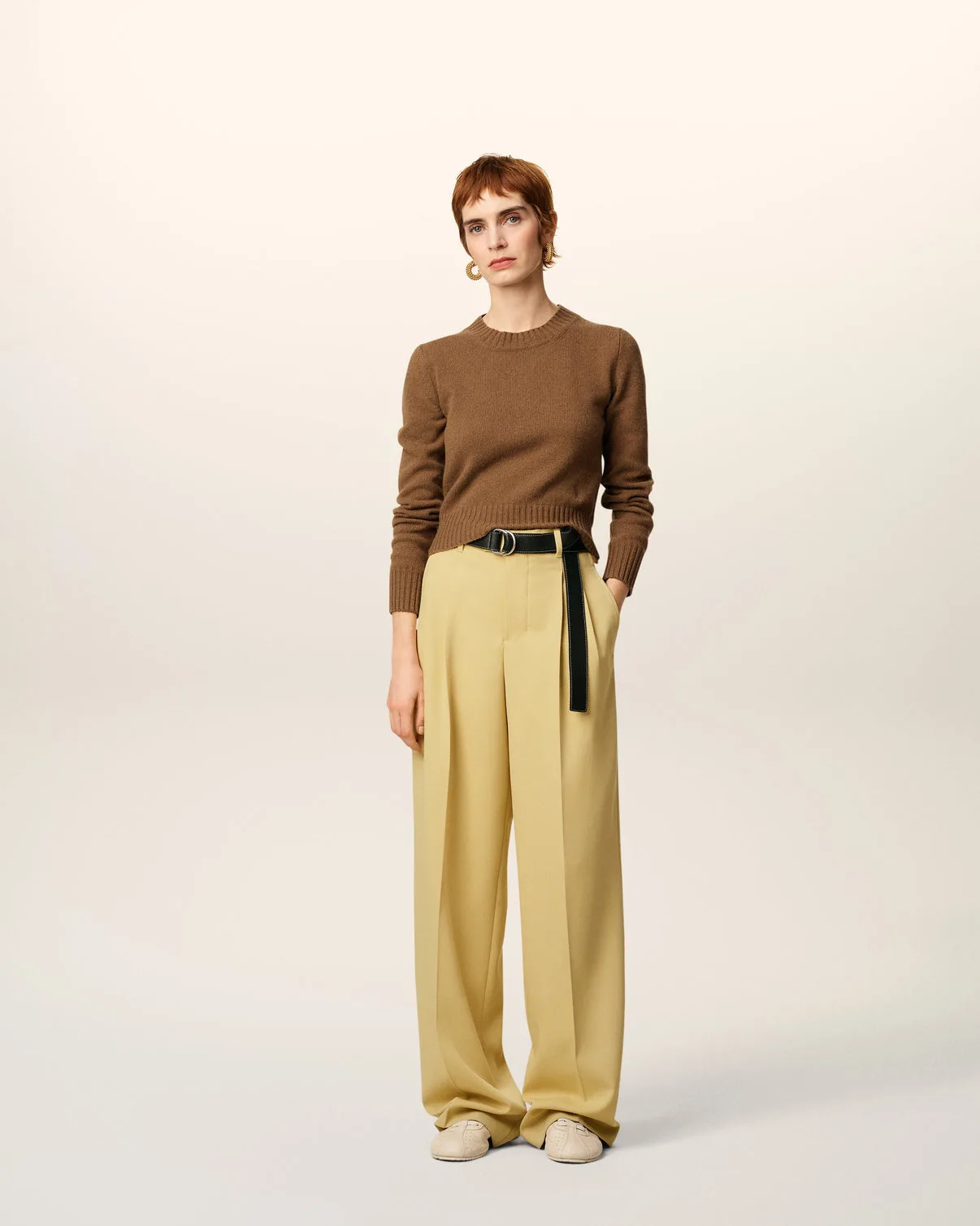 Green Wool Tabs Wide Pants