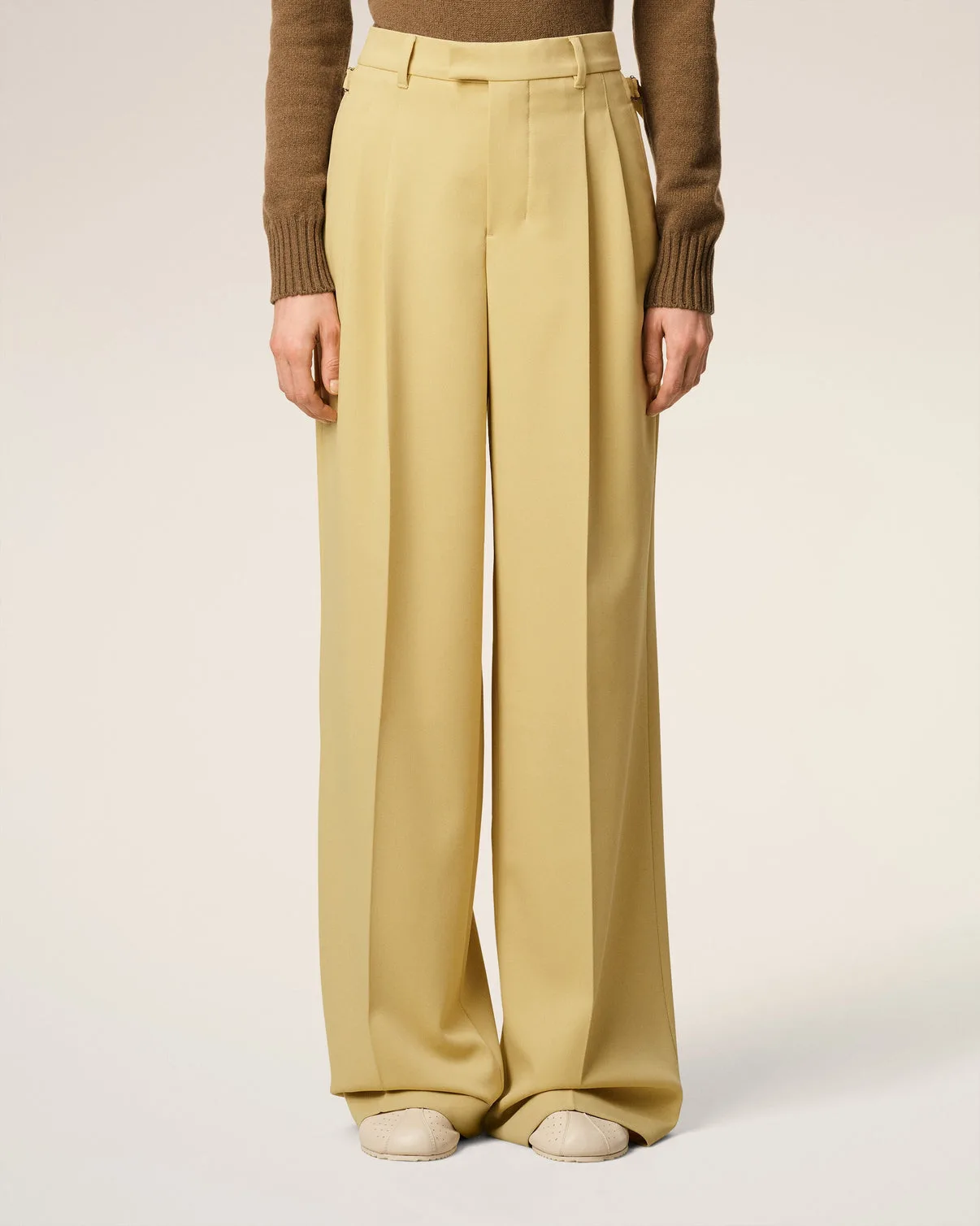 Green Wool Tabs Wide Pants