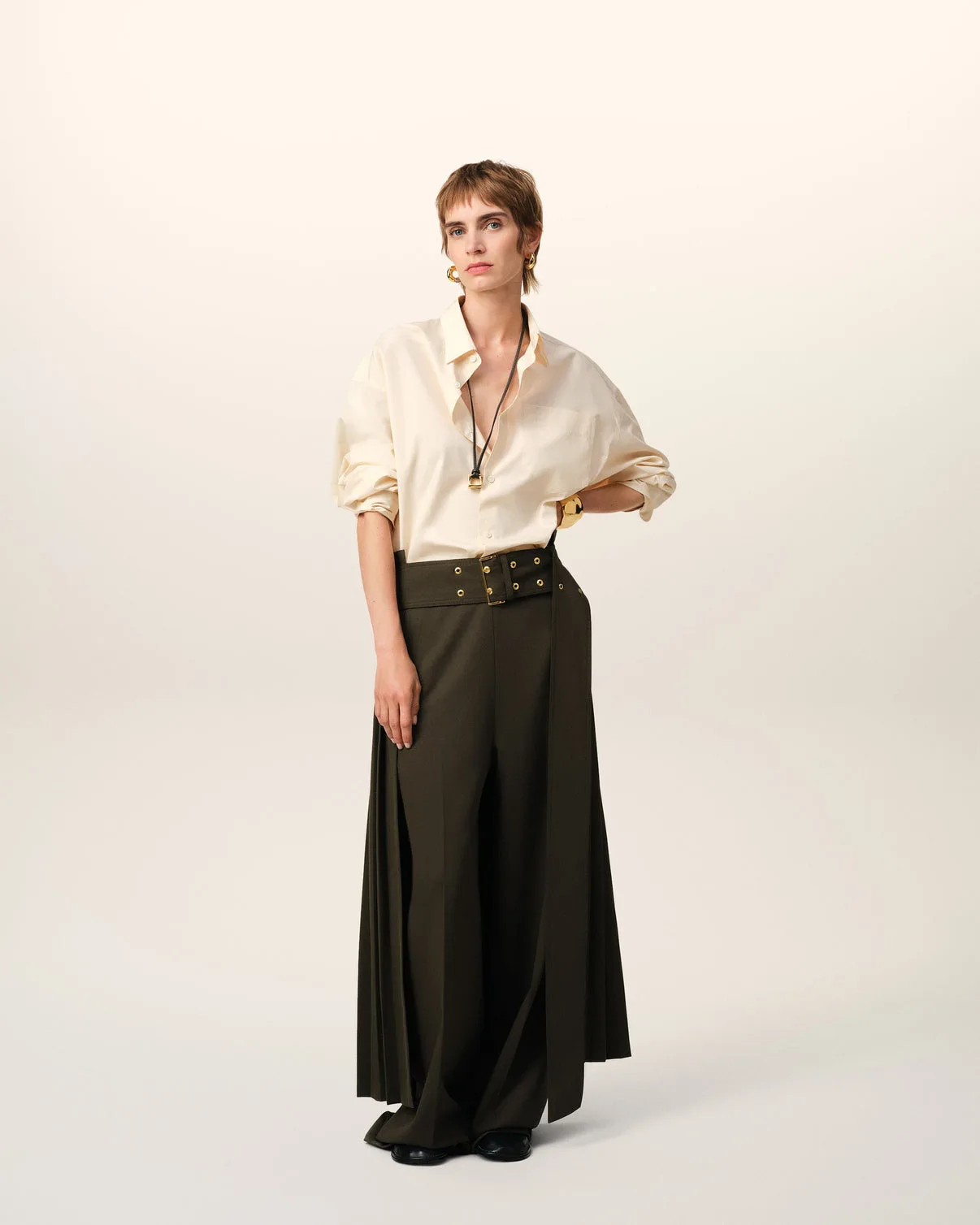 Green Wool Twill Belted Pleated Skirt