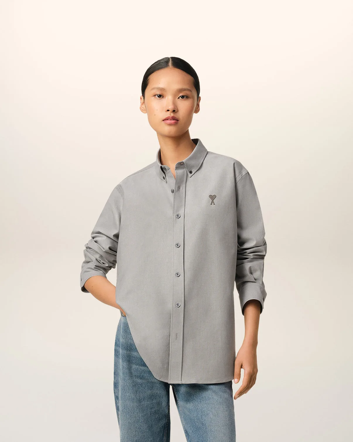 Gray Cotton Button-Down Shirt