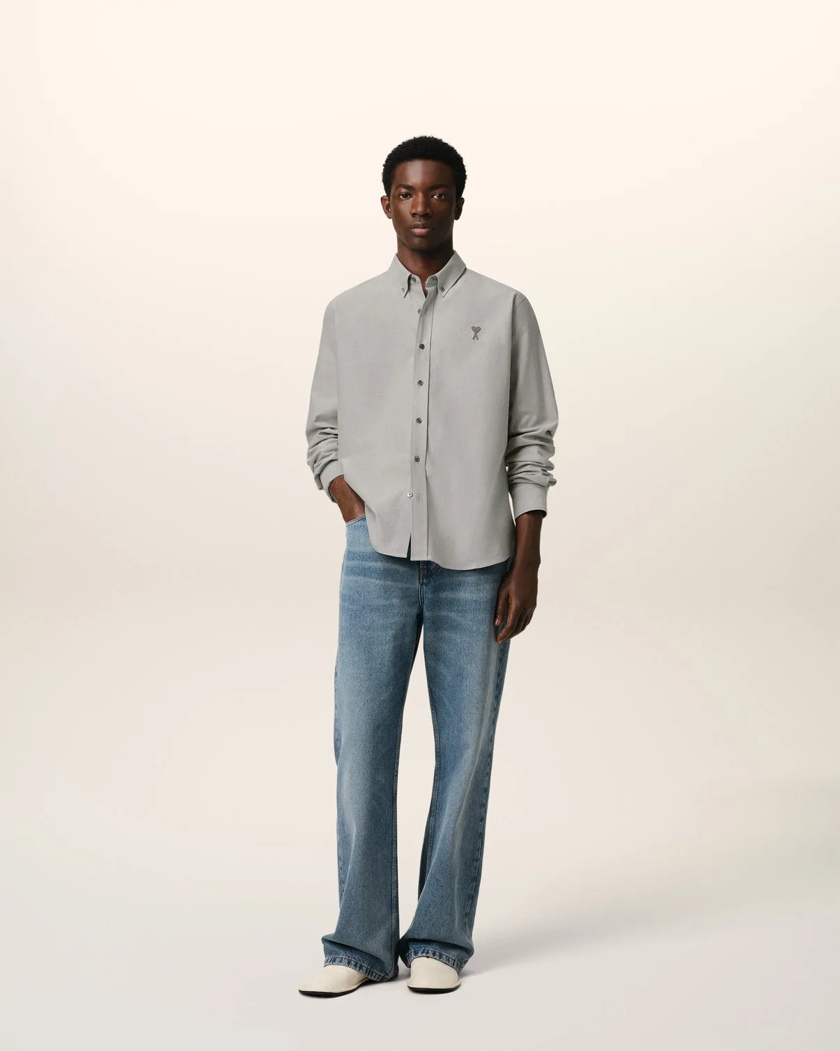 Gray Cotton Button-Down Shirt