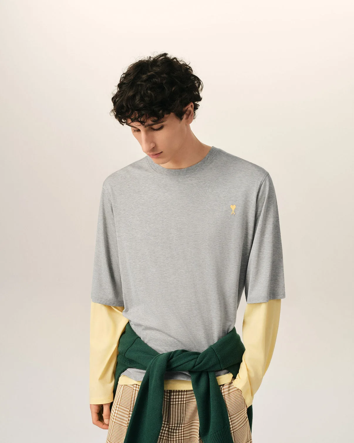 Gray Cotton Double-Sleeve Effect T-Shirt