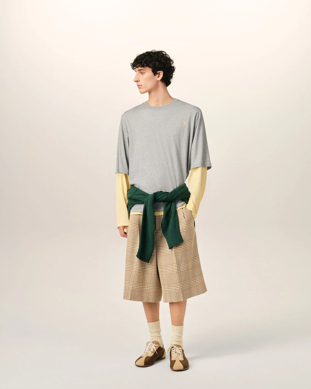 Gray Cotton Double-Sleeve Effect T-Shirt