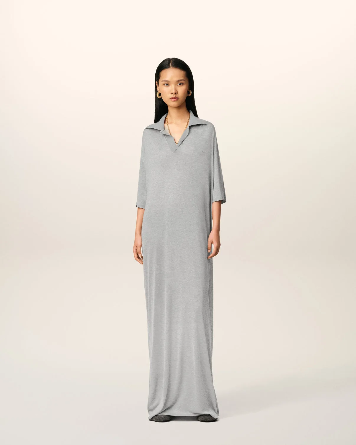 Gray Cotton Short Sleeve Long Polo Dress