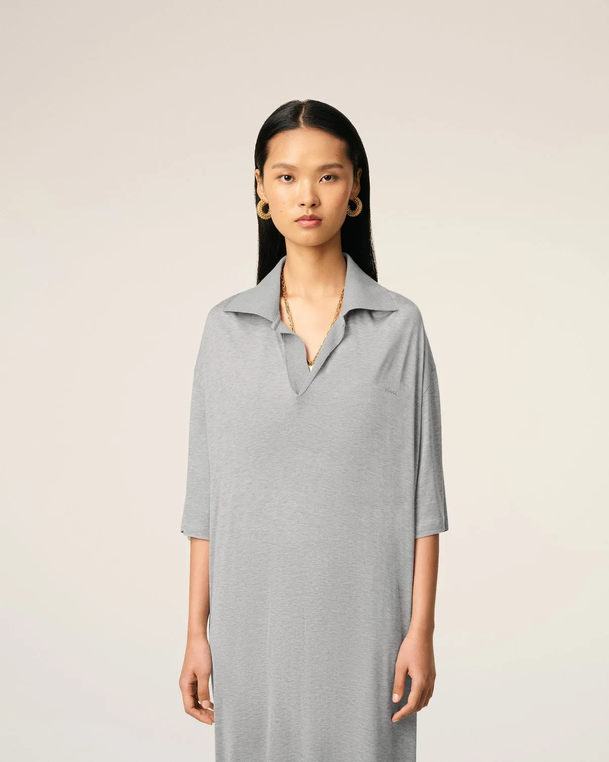 Gray Cotton Short Sleeve Long Polo Dress