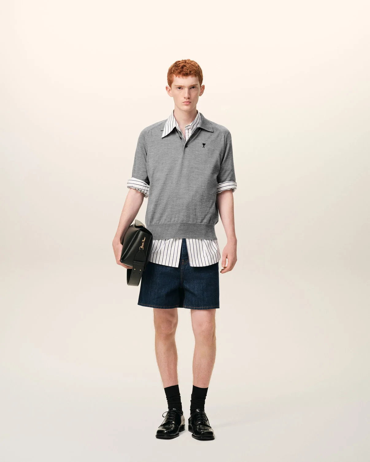 Gray Wool Short Sleeves Polo