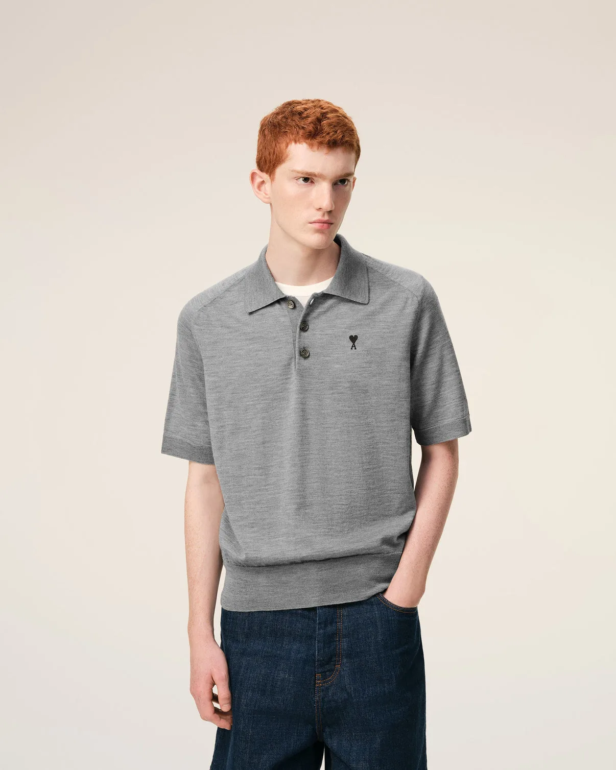 Gray Wool Short Sleeves Polo