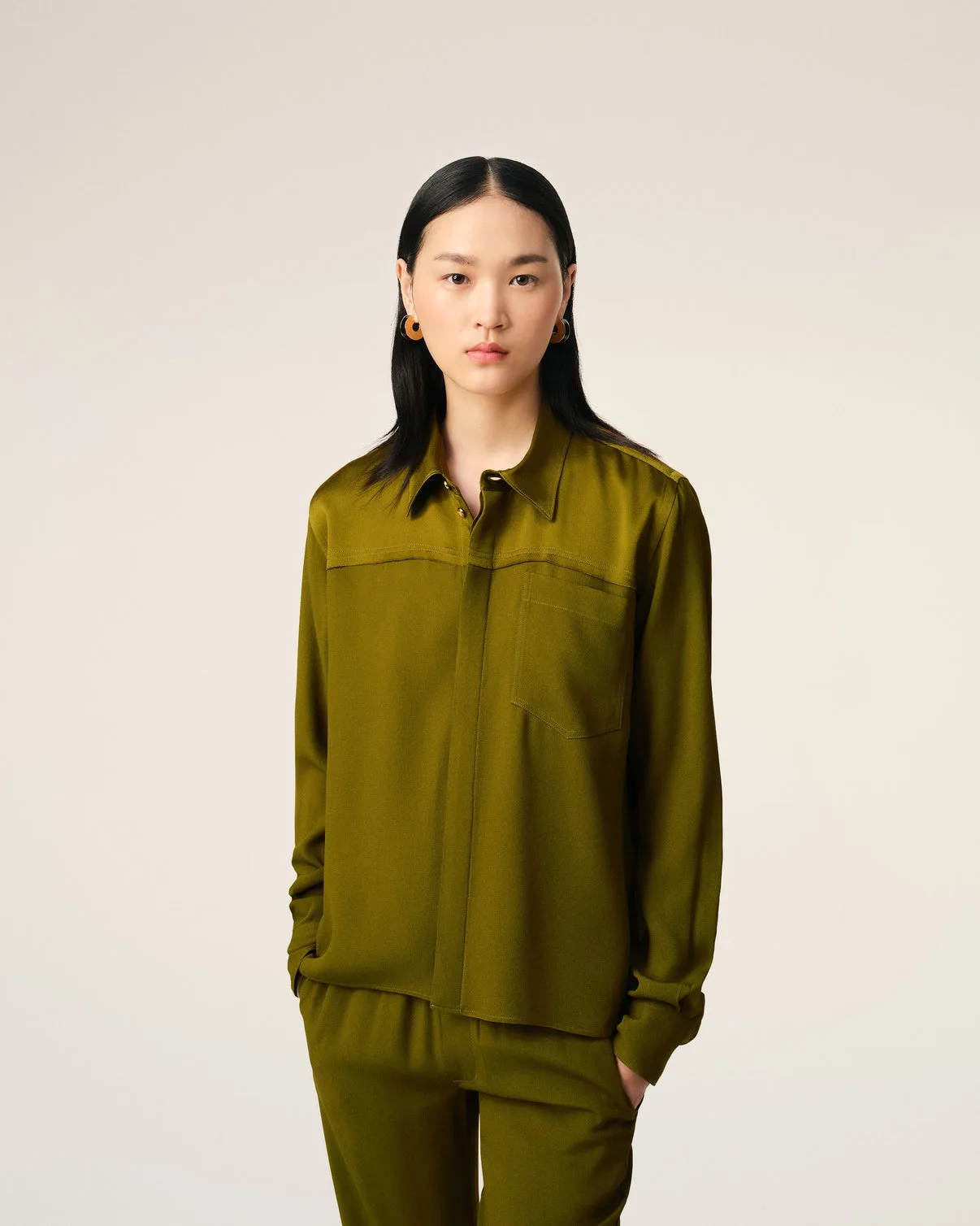 Khaki Contrasted Top Long Sleeve Shirt