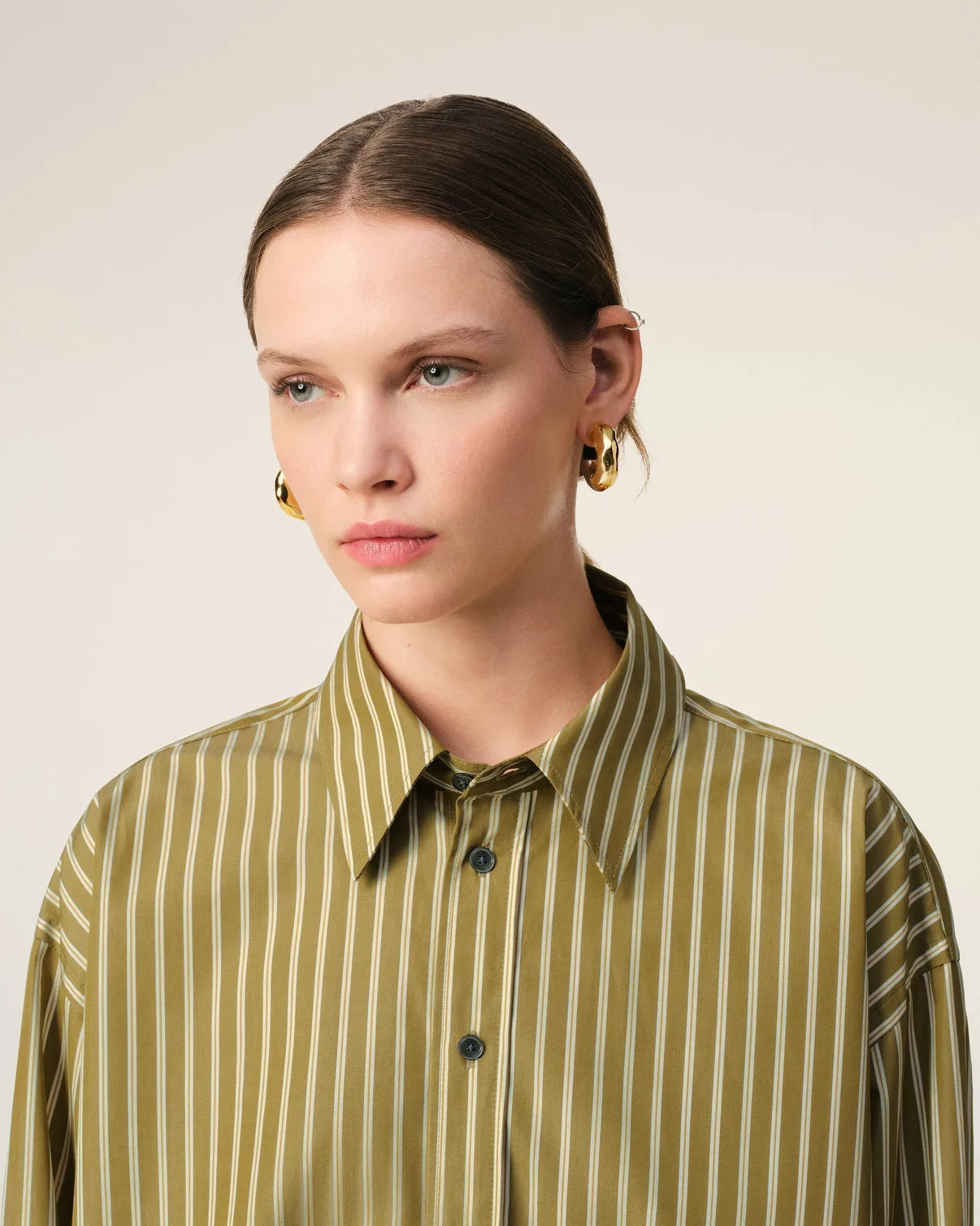 Khaki Cotton Cropped Oversized Shirt