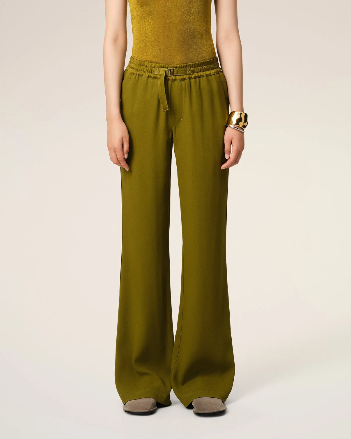Khaki Flare Fit Elasticated Pants