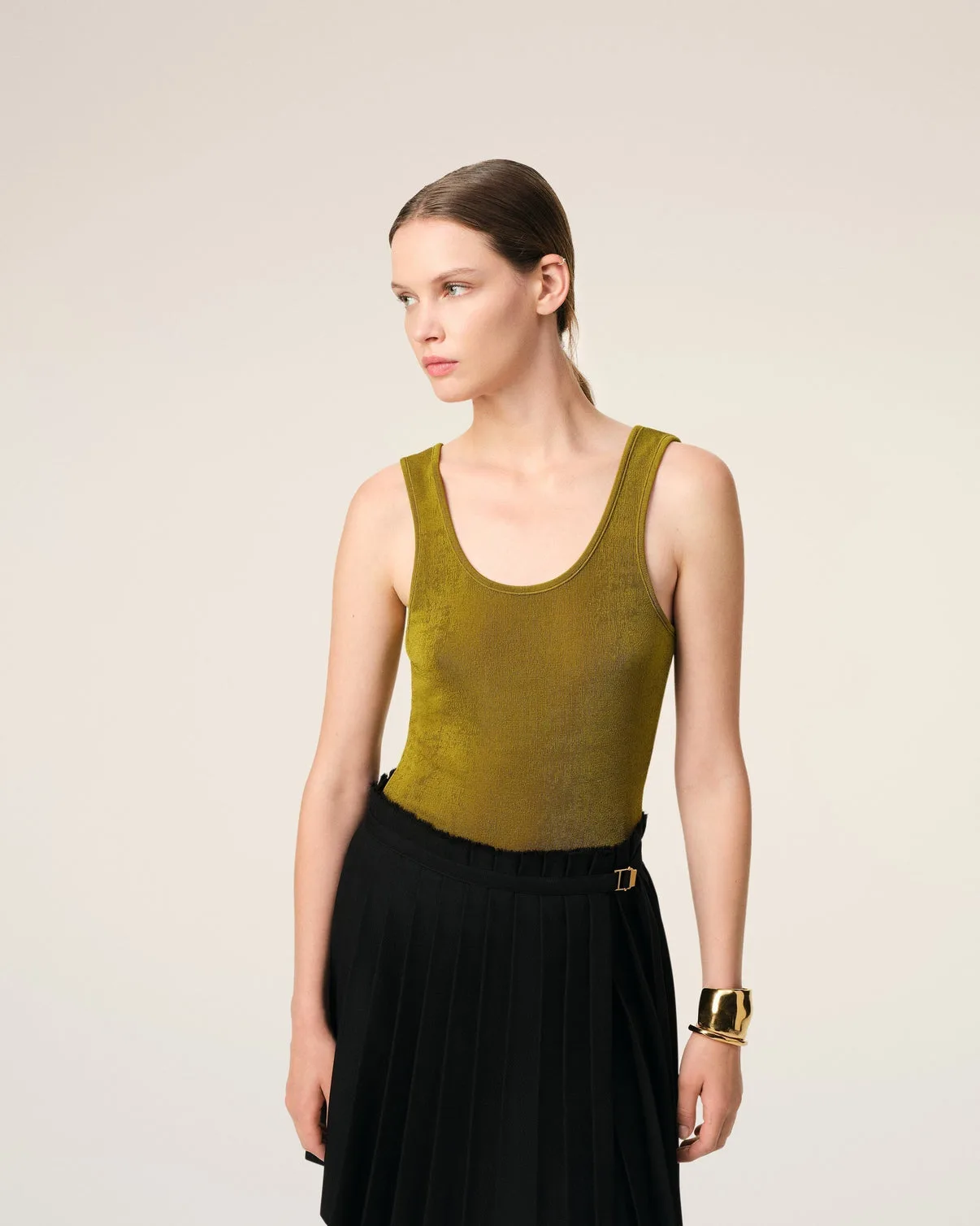 Khaki Light Shiny Rib Jersey Tanktop
