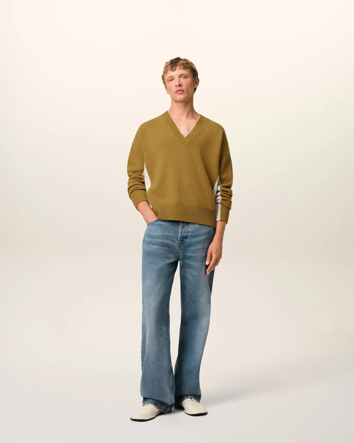 Khaki Wool Knit Bicolor V Neck Sweater