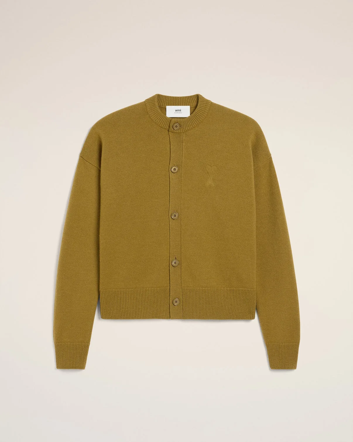 Khaki Wool Knit Crewneck Cardigan