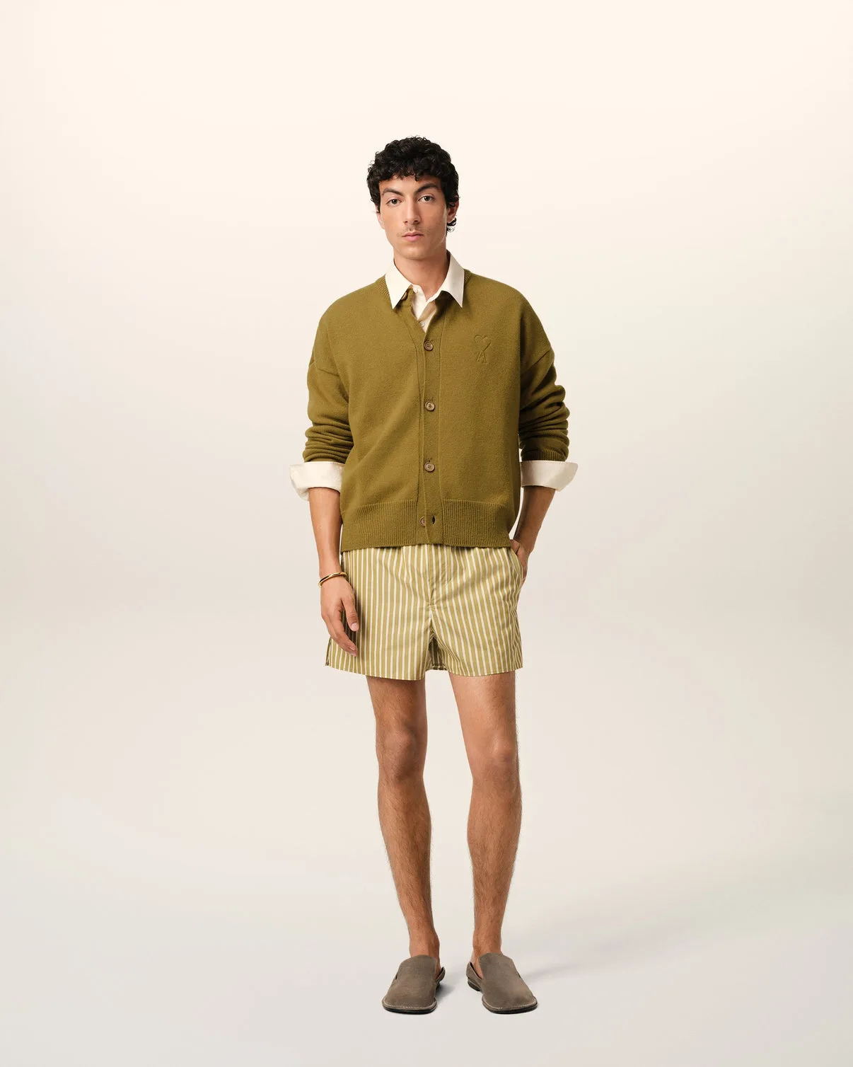 Khaki Wool Knit Crewneck Cardigan