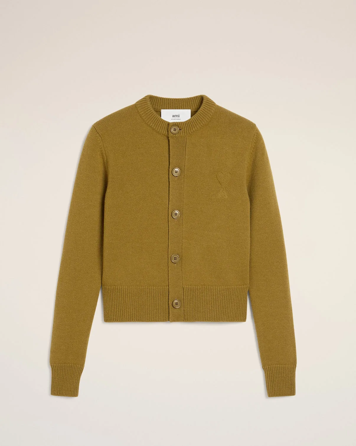 Khaki Wool Knit Crewneck Cardigan