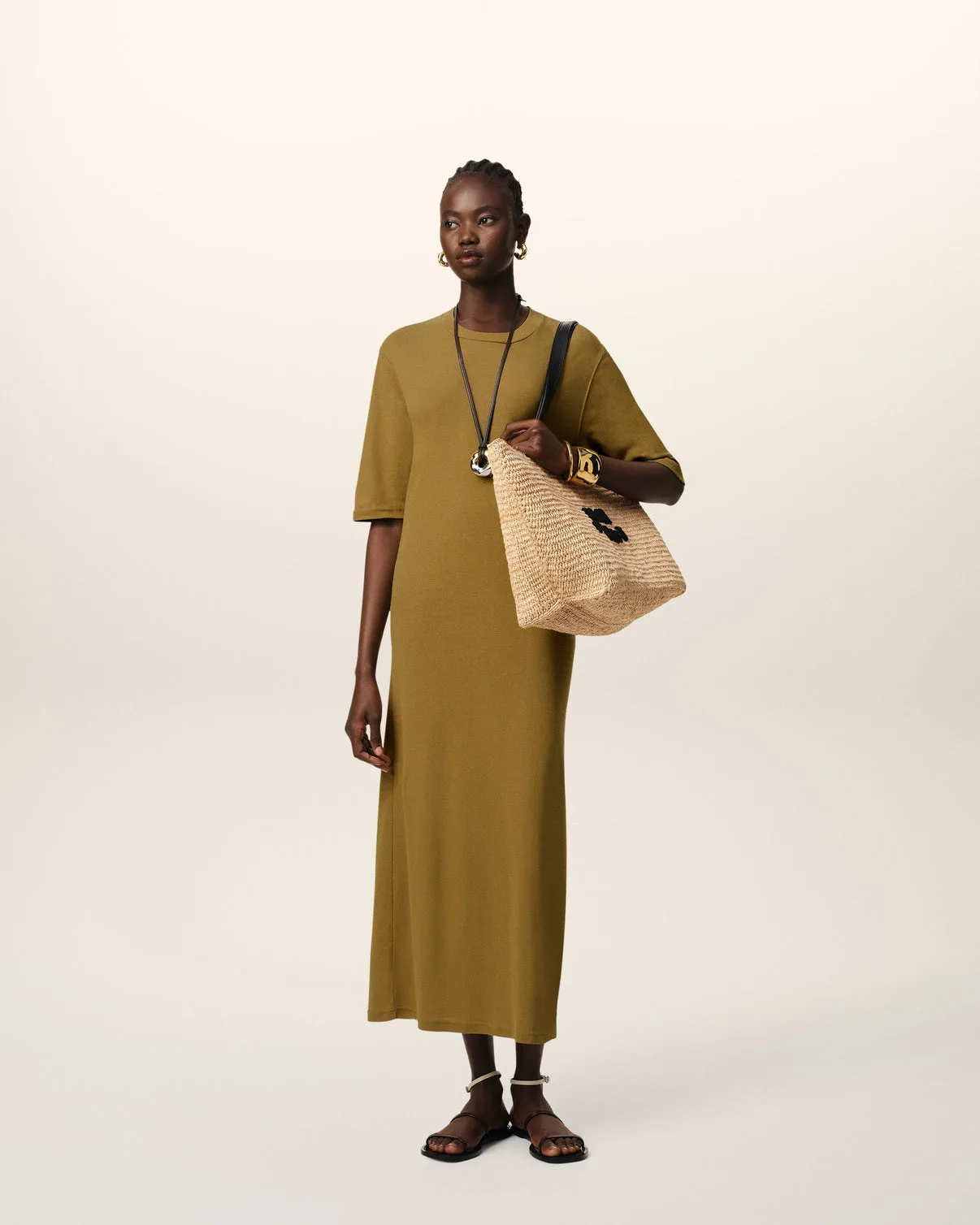 Mustard Cotton Short Sleeve Midi Dress