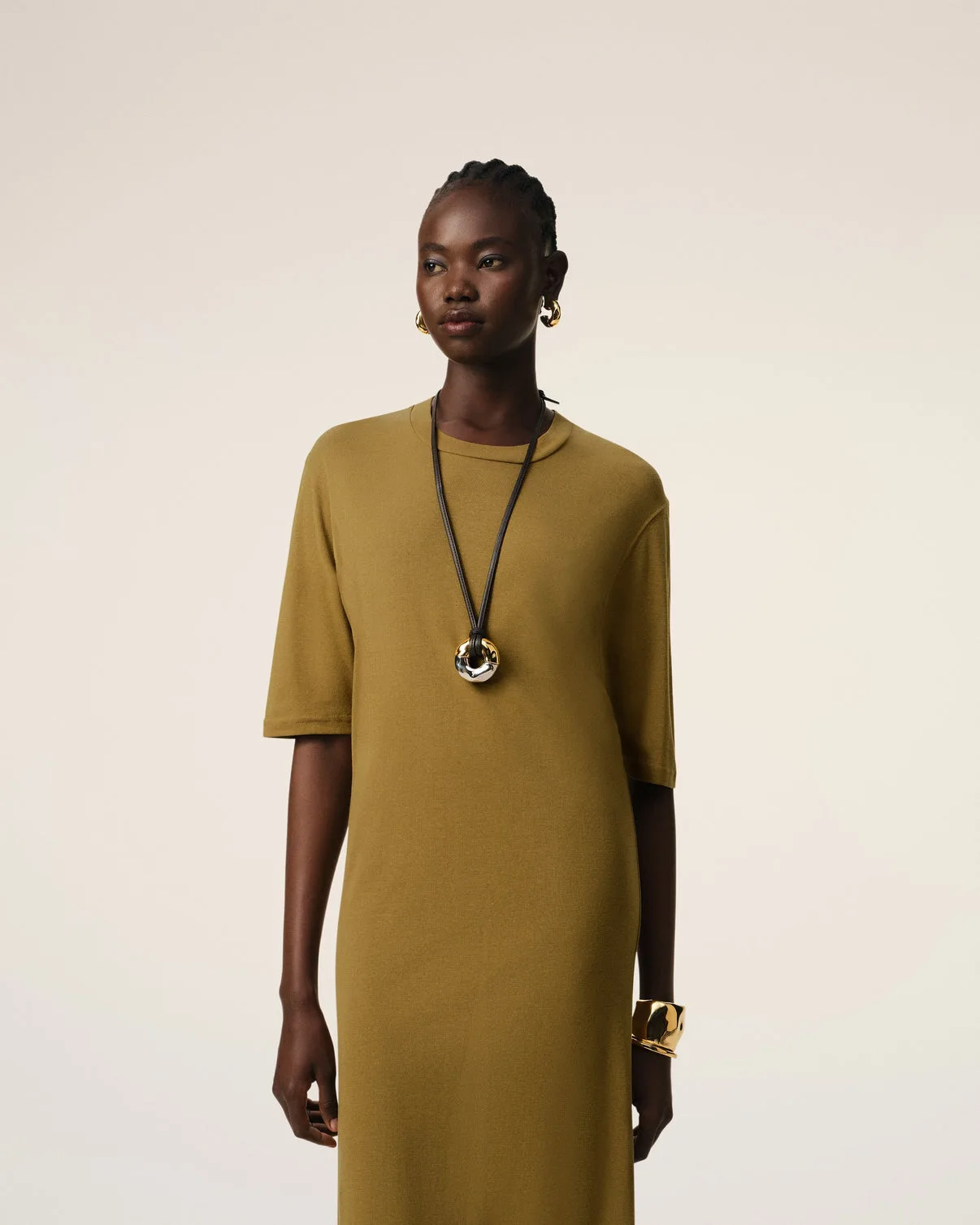 Mustard Cotton Short Sleeve Midi Dress