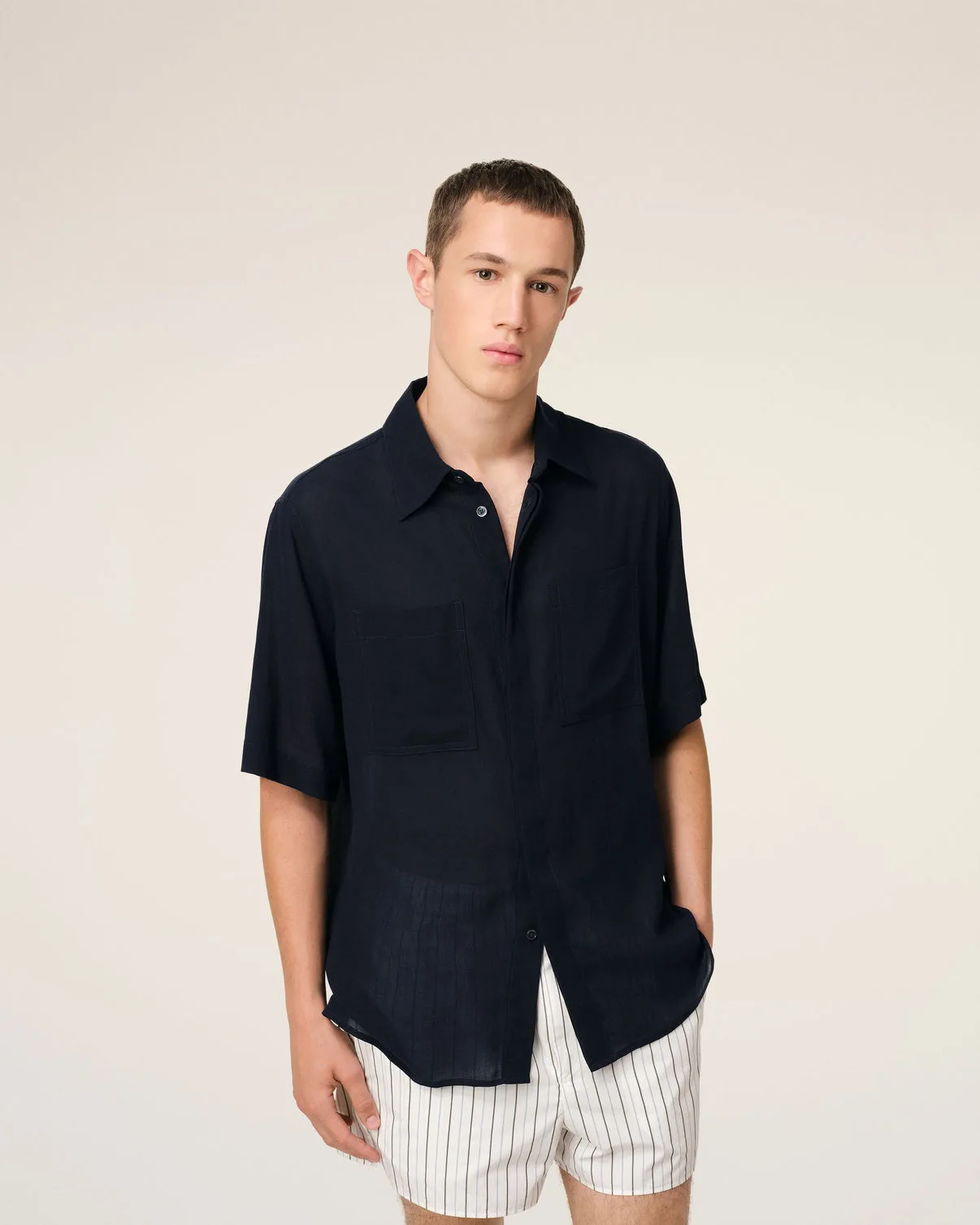 Navy Cotton Short Sleeve Shirt