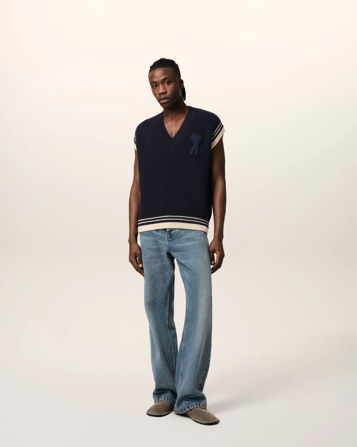 Navy Wool Ribbed Sleeveless V Neck Sweater