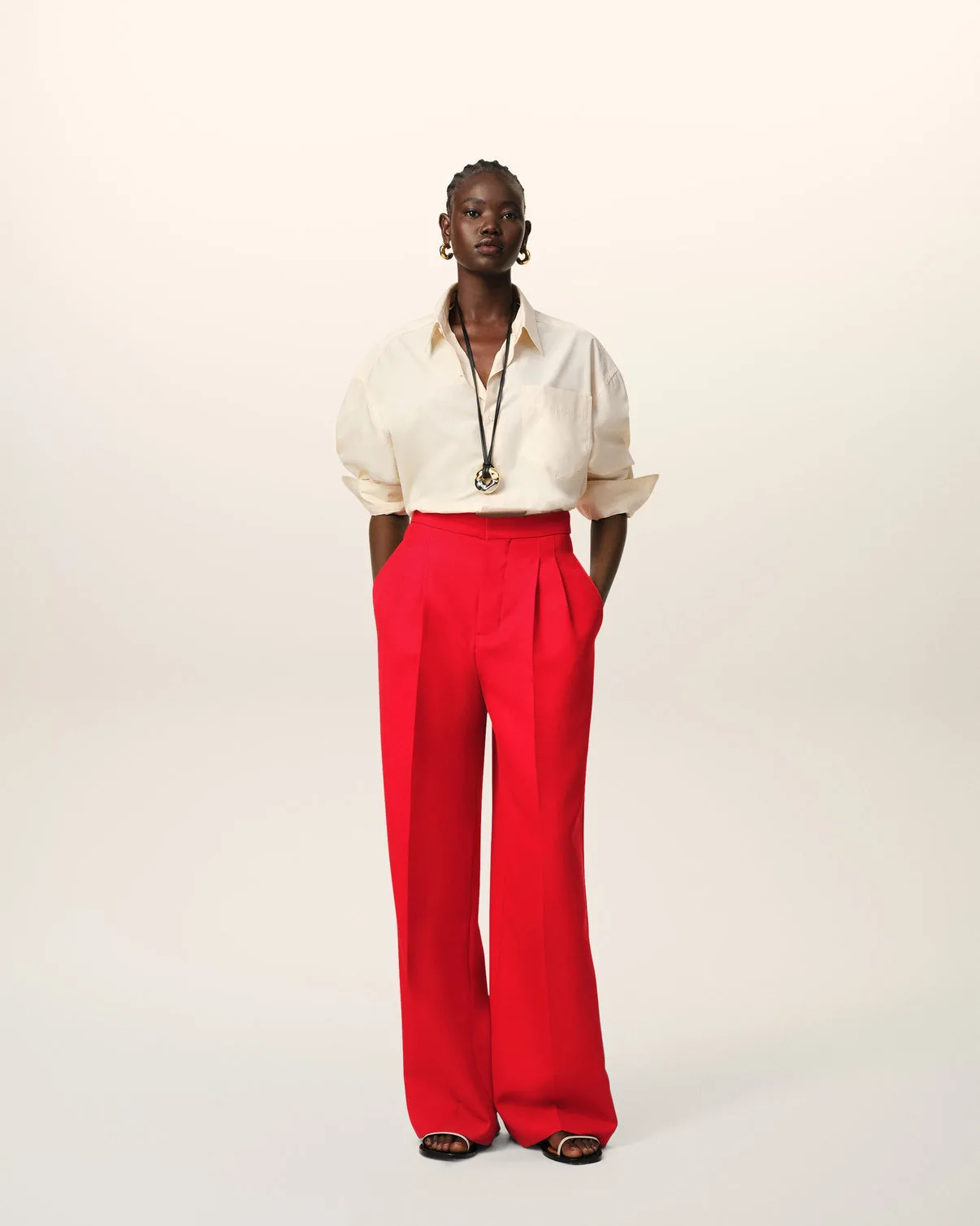 Red Wool High Waist Large Pants
