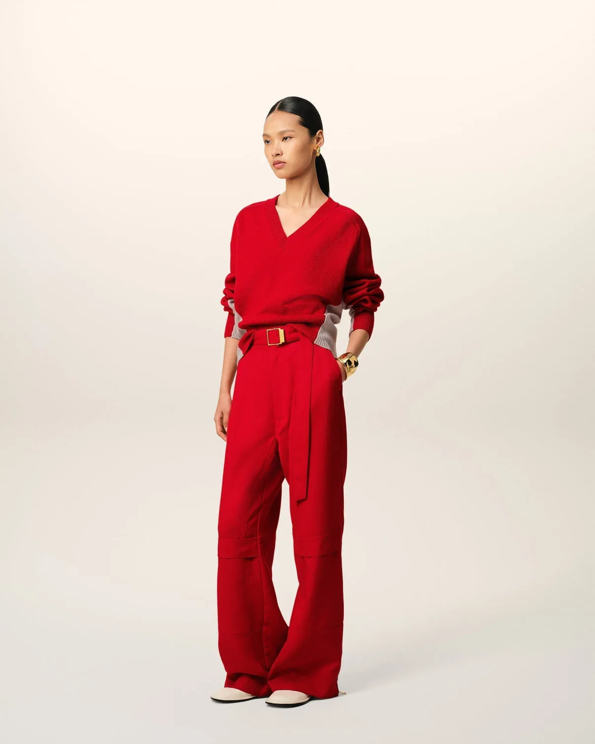 Red Wool Knit Bicolor V Neck Sweater