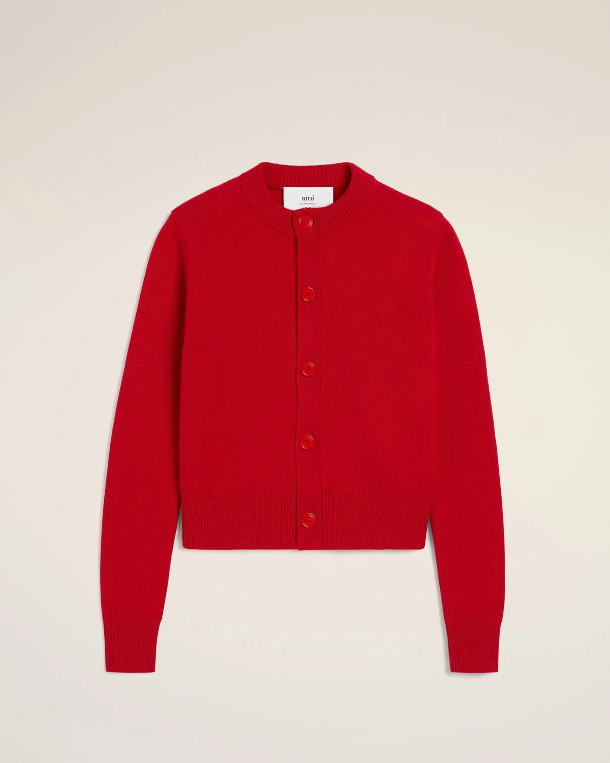 Red Wool Knit Crewneck Cardigan
