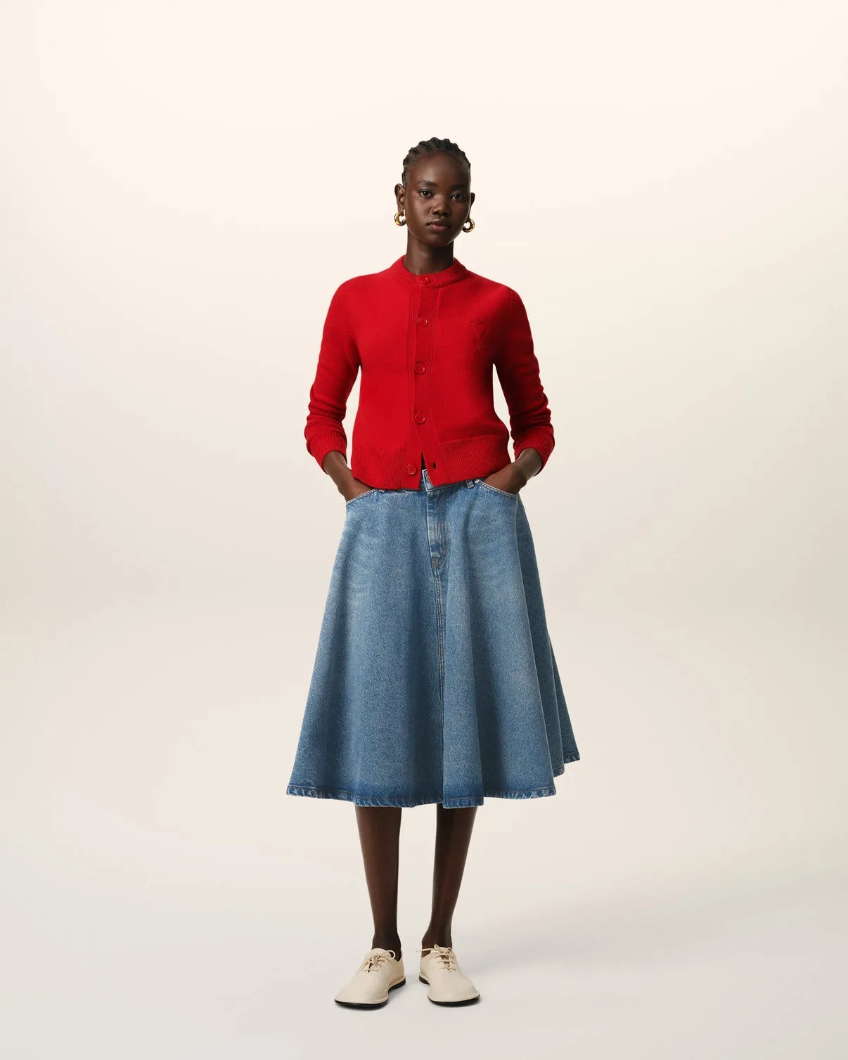 Red Wool Knit Crewneck Cardigan