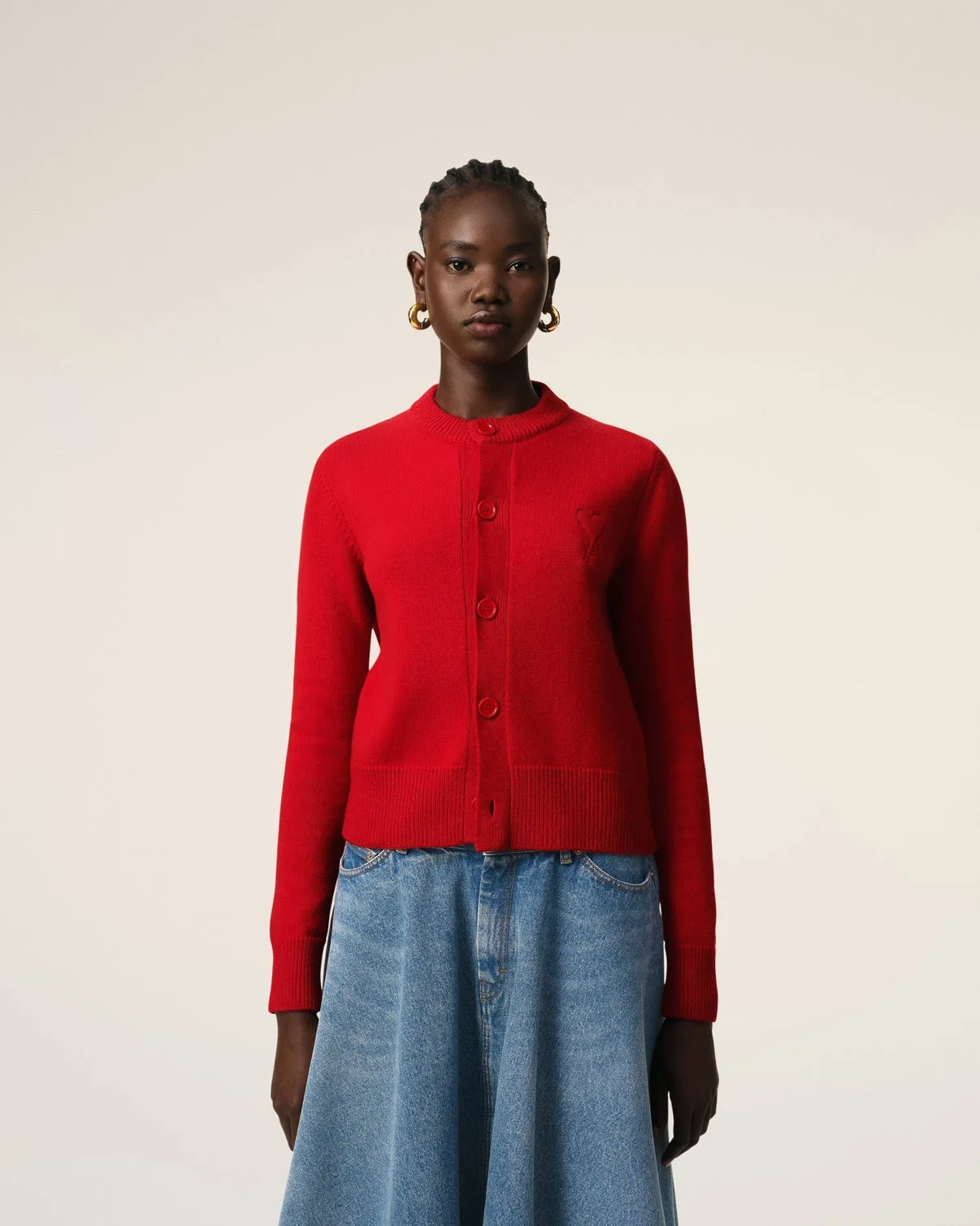 Red Wool Knit Crewneck Cardigan