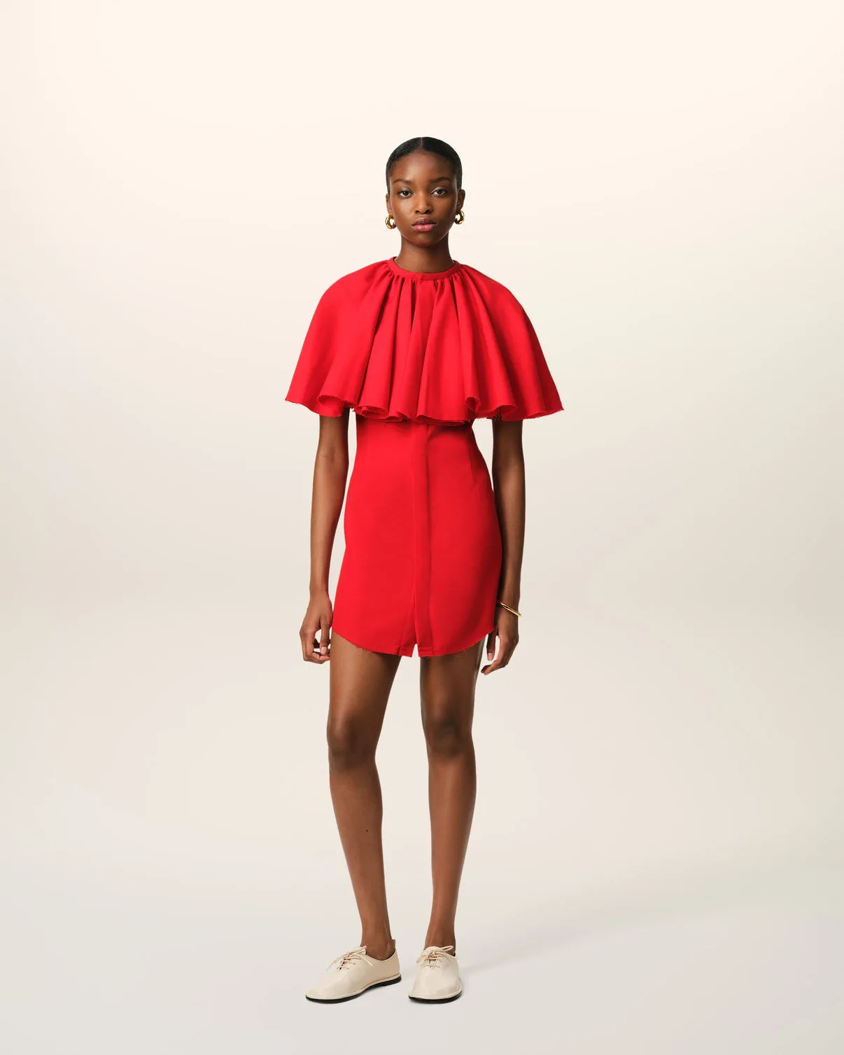 Red Wool Shirt Dress With Ruff
