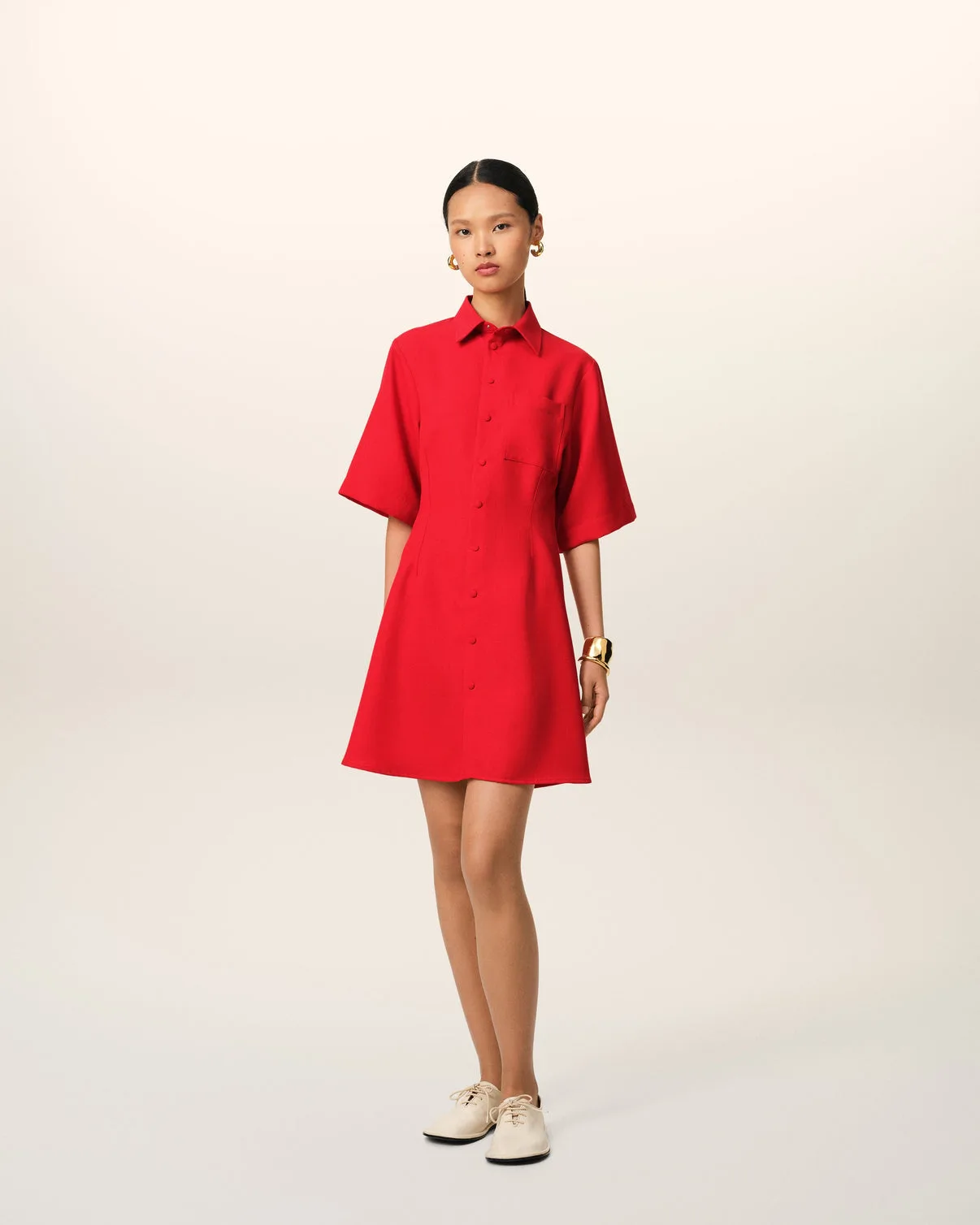 Red Wool Short Sleeve Shirt Dress