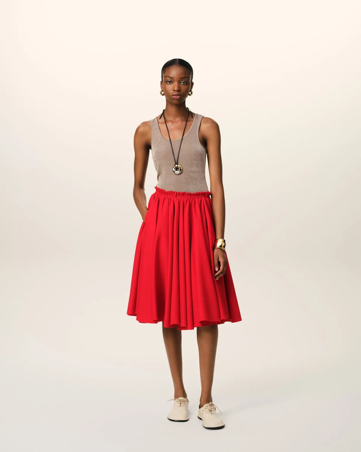 Red Wool Skirt With Godets