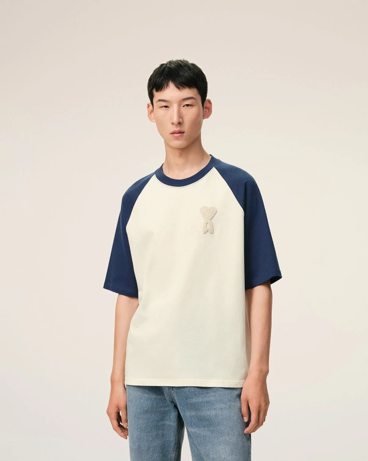 White And Blue Cotton Knitted Patch T-shirt