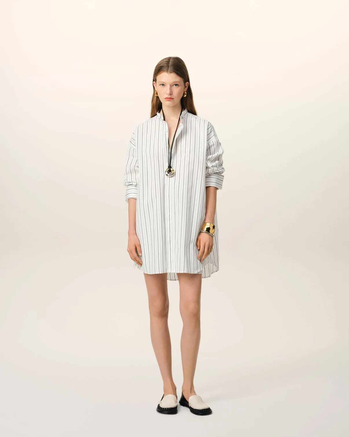 White And Blue Cotton Wingtip Collar Oversized Shirt