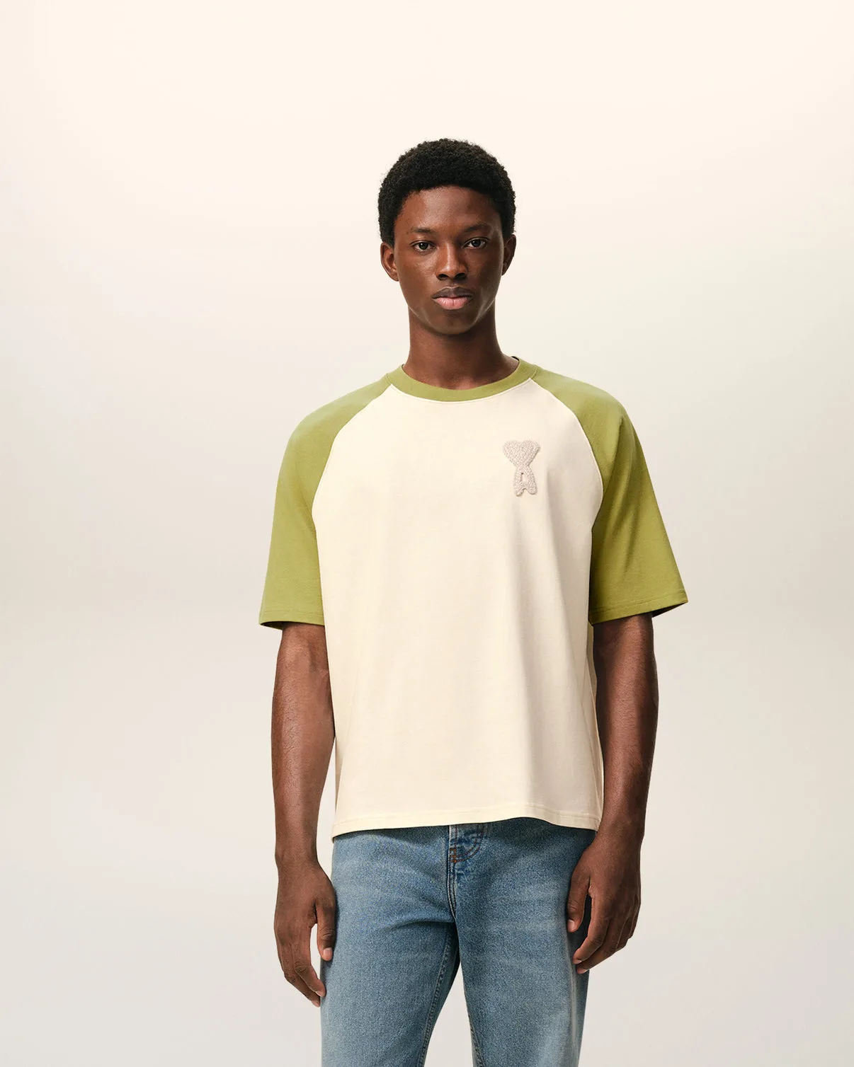 White And Green Cotton Knitted Patch T-shirt